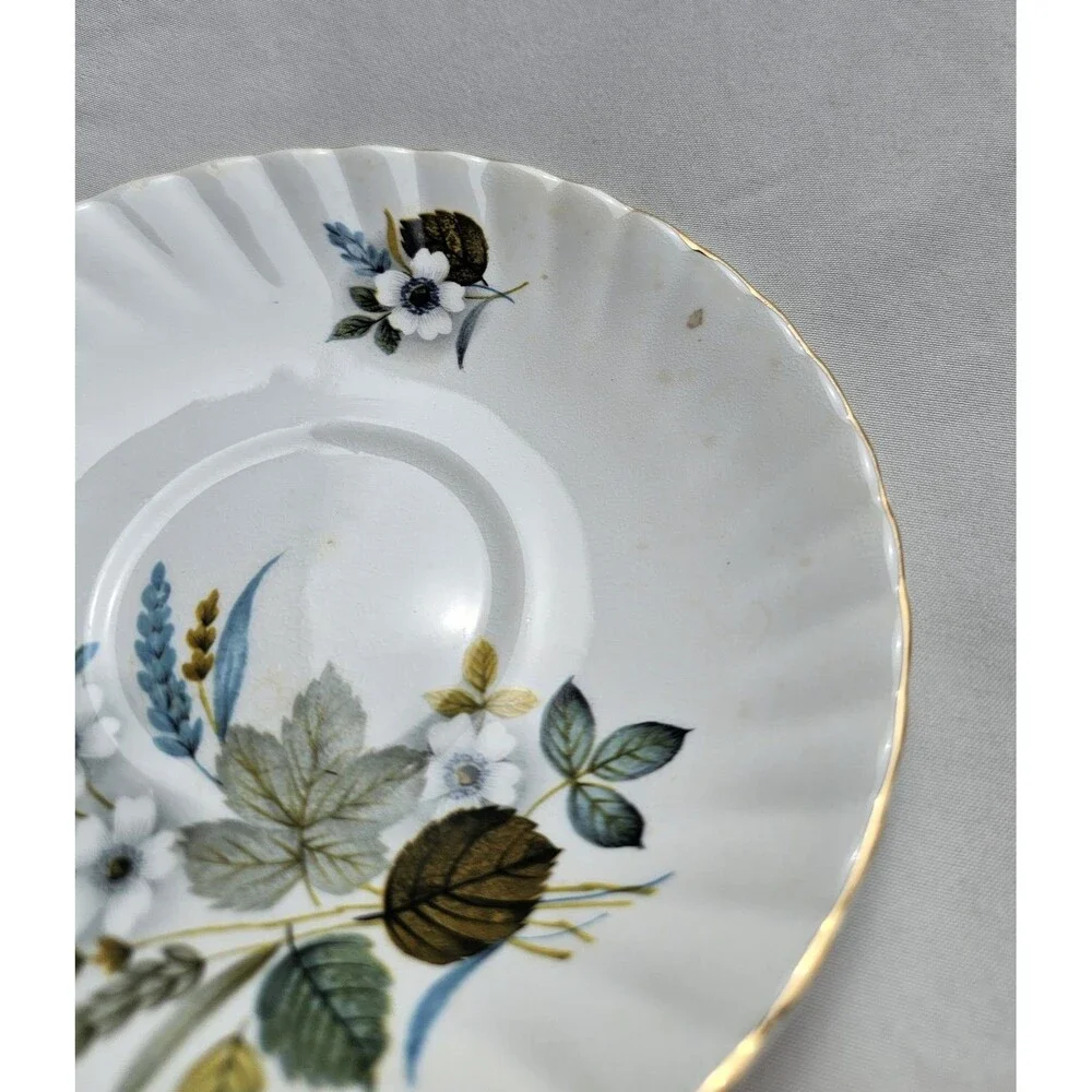 Royal Dover Bone China Floral Leaves Wheat Gold Trim Teacup Saucer Set